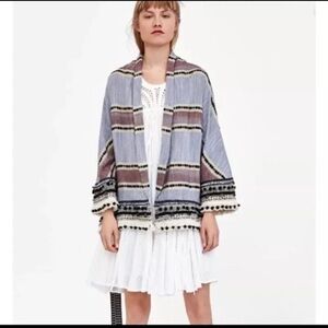 Zara Striped Fringe Pom Pom  Kimono Textured Jacket Size M EUC